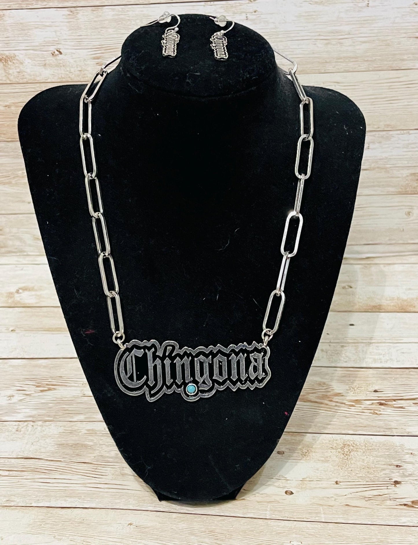 Chingona Necklace Pendant Set With Earrings Set De Cadena Y Aretes CHINGONA