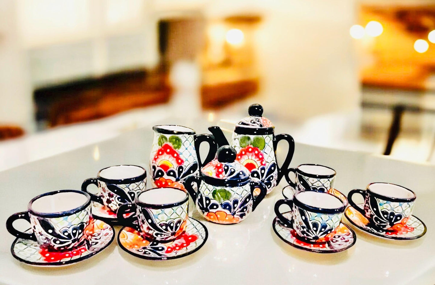 Mexican Talavera Tea Coffee Set Drinkware With 6 Mugs Sugar Bowl Talavera Mexicana de Cafe/Te con Tazas Platos Azucarera y Tetera
