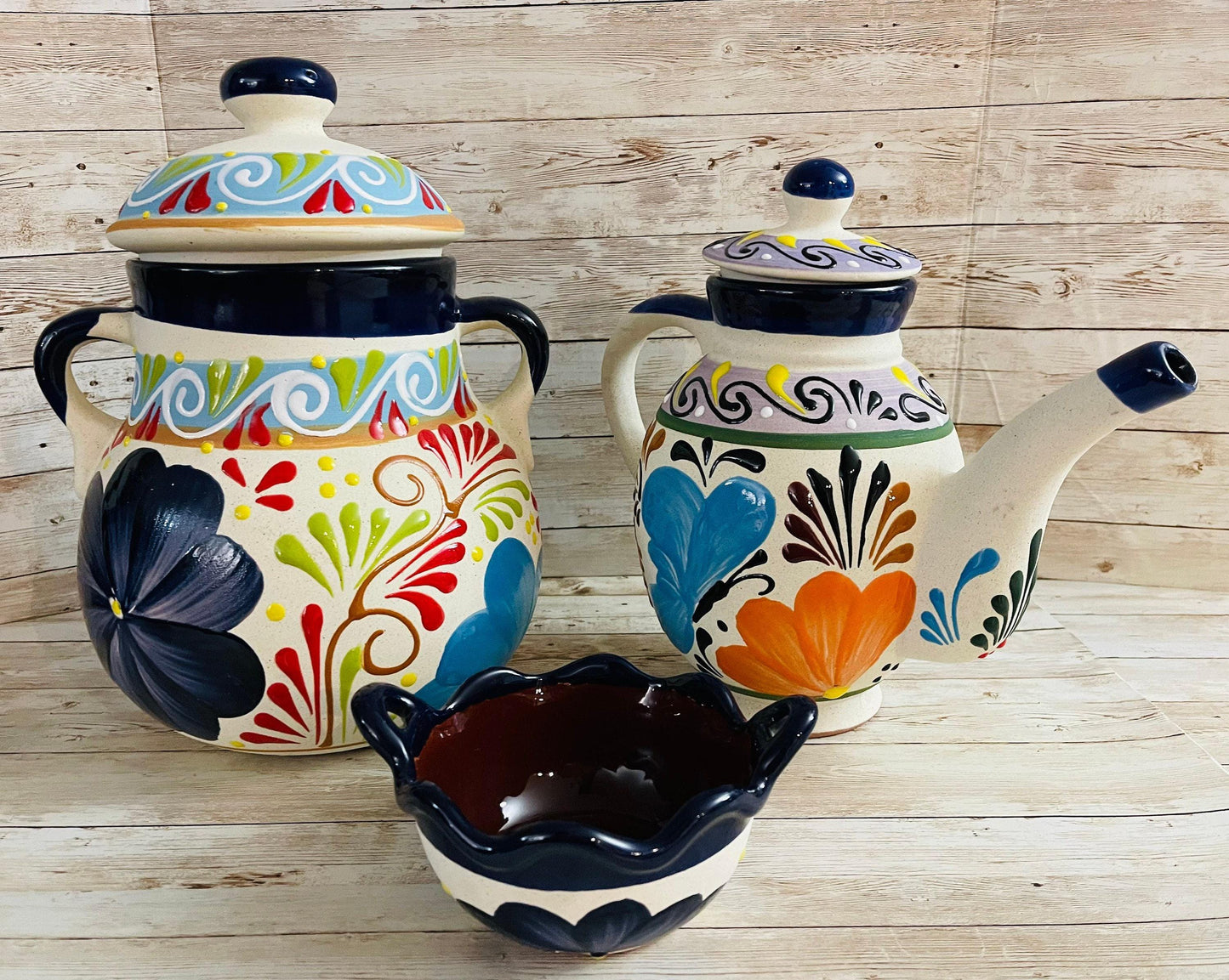 Olla de Barro Frijolera con Tapa Lechera de Barro Y Salsero Soup Terracota Pot Salsa Bowl and Cofee Milk Jug