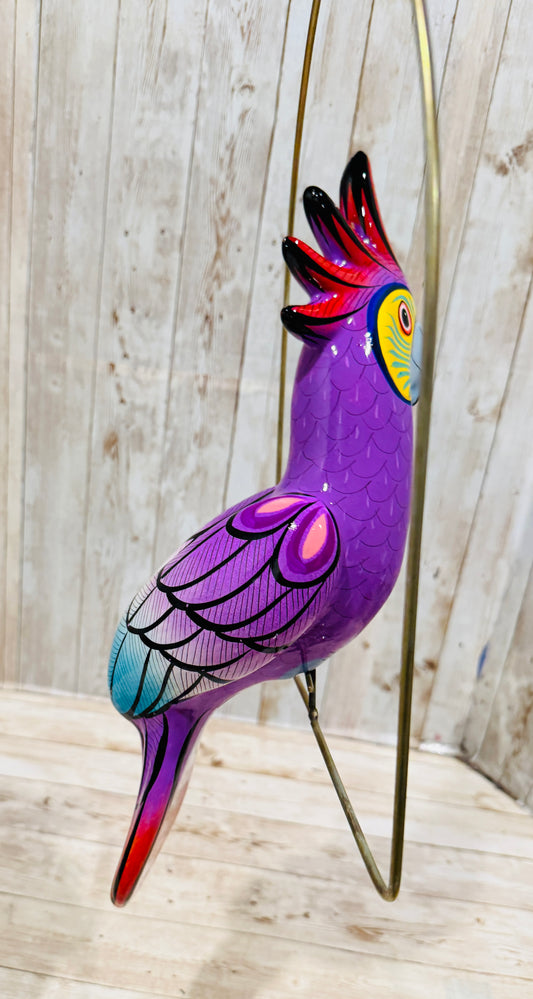 Mexican Exotic Ceramic Bird on a Perch Pajaro Mexicano de Ceramic en Aro