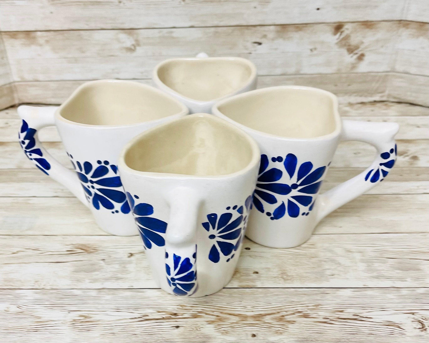 4x Mexican Ceramic Heart Shaped Pottery Cups 4x Tazas de Ceramica Mexicanas en Forma de Corazon
