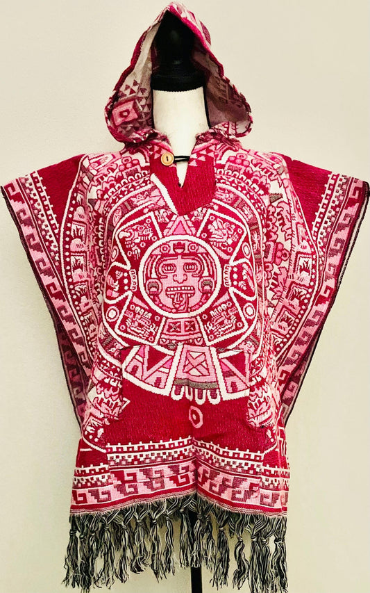 Gavan Delgado Poncho Mexicano Calendario Azteca con Gorro Mexican Thin Aztec Calendar Poncho with Hoodie