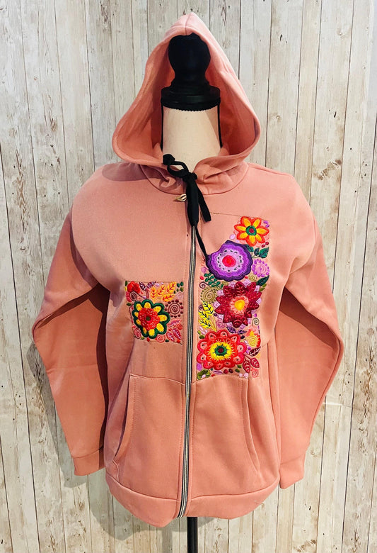 Mexican Embroidered Hoodie Zip Front Sweater Size Large Sueter Bordado Mexicano con Zipper
