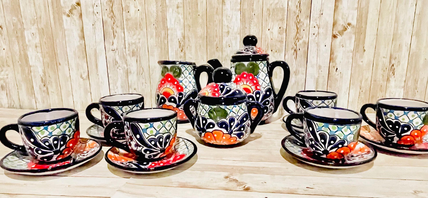 Mexican Talavera Tea Coffee Set Drinkware With 6 Mugs Sugar Bowl Talavera Mexicana de Cafe/Te con Tazas Platos Azucarera y Tetera