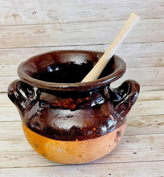 2x Ollas de Barro Vidriado Chocolatera con 2 Molinillos de Madera 2x Terra Cota Hot Chocolote Pots & 2 Wood Hot Chocolate Grinders 2 Sizes
