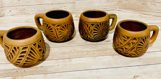 4X Mexican Artesanal Brown Clay Mexican Mugs Cups 4 Tazas Mexicanas Caladas de Barro Cafe de Oaxaca