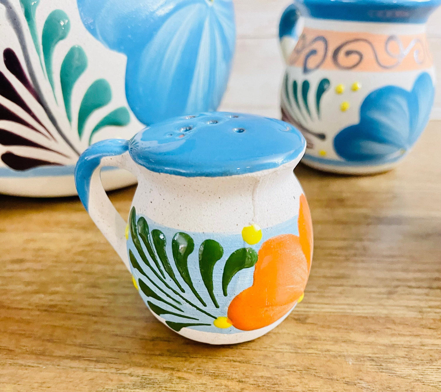 Terra Cotta Mexican Art Pottery Pitcher With 6 Cups Napkin Holder and Salt Shaker Jarra Artesanal Mexicana