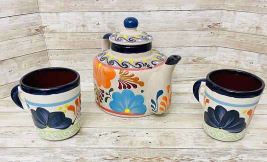 Terra Cotta Mexican Art Pottery CoffeeTea Pot with 2 Mugs Jarra Lechera Cafetera Artesanal Mexicana Engove con 2 Tazas