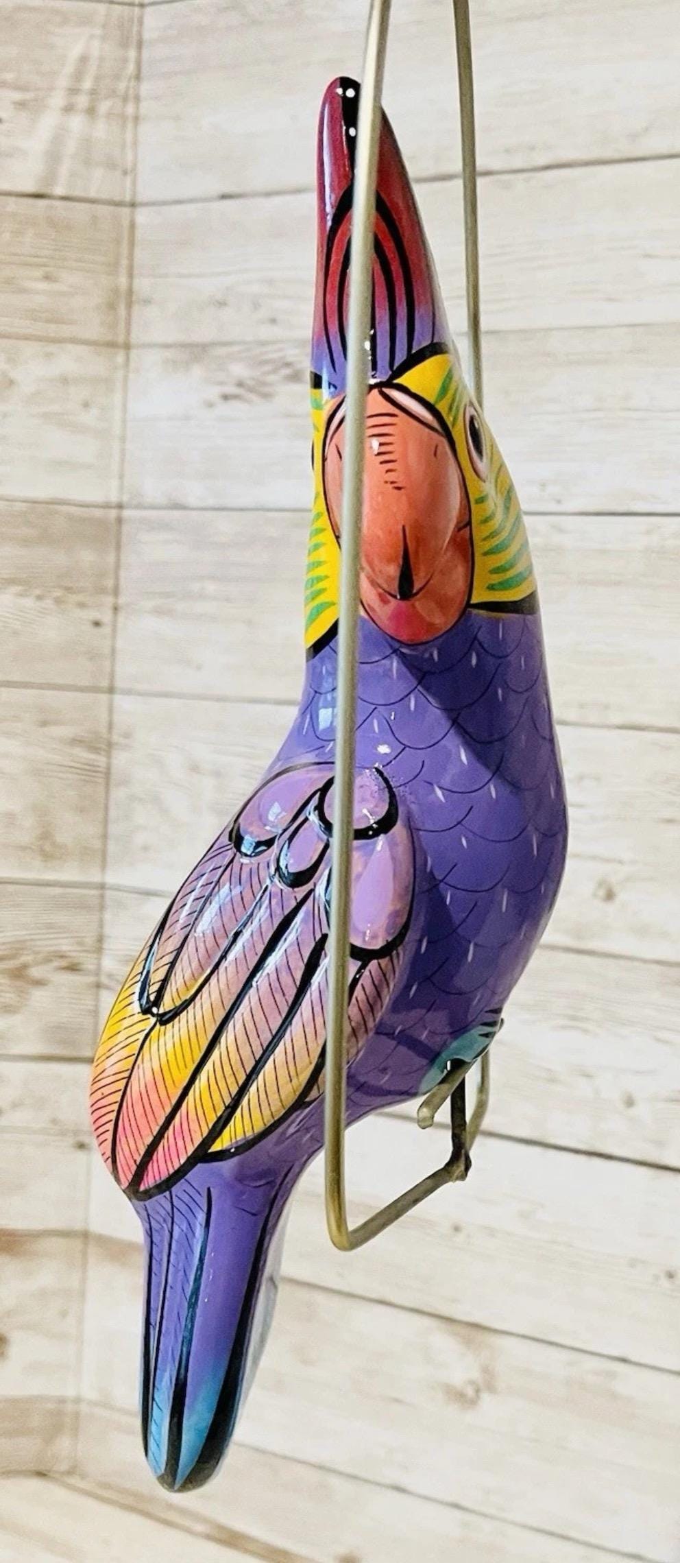 Hanging Exotic Bird in Ring Mexican Pottery Ceramic Pajaro De Cerámica
