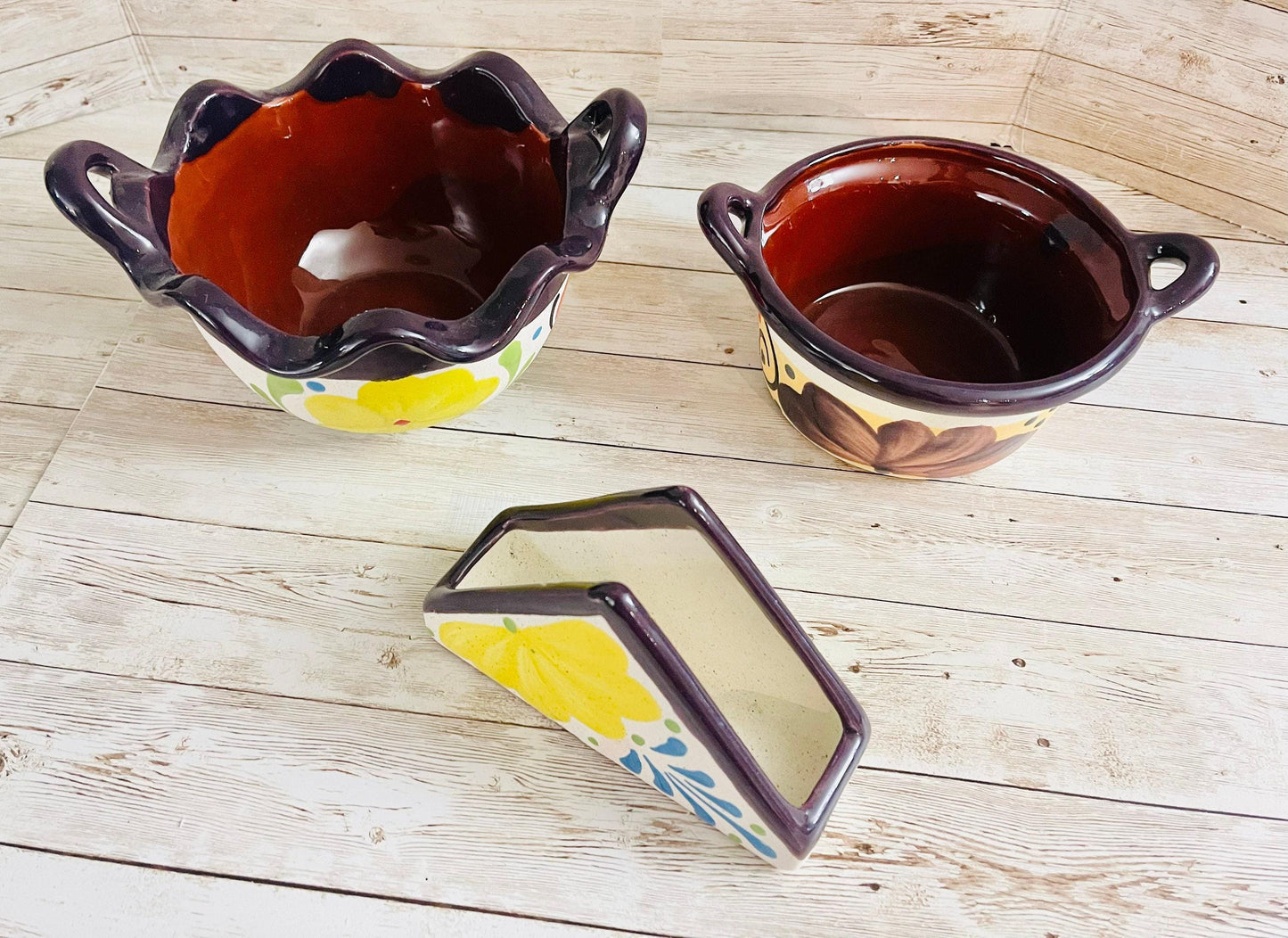 Terra Cota 3 Piece Mexican Set Napkin Holder Salsa & Dish Bowl Servilletero Tazon y Salsero de Barro