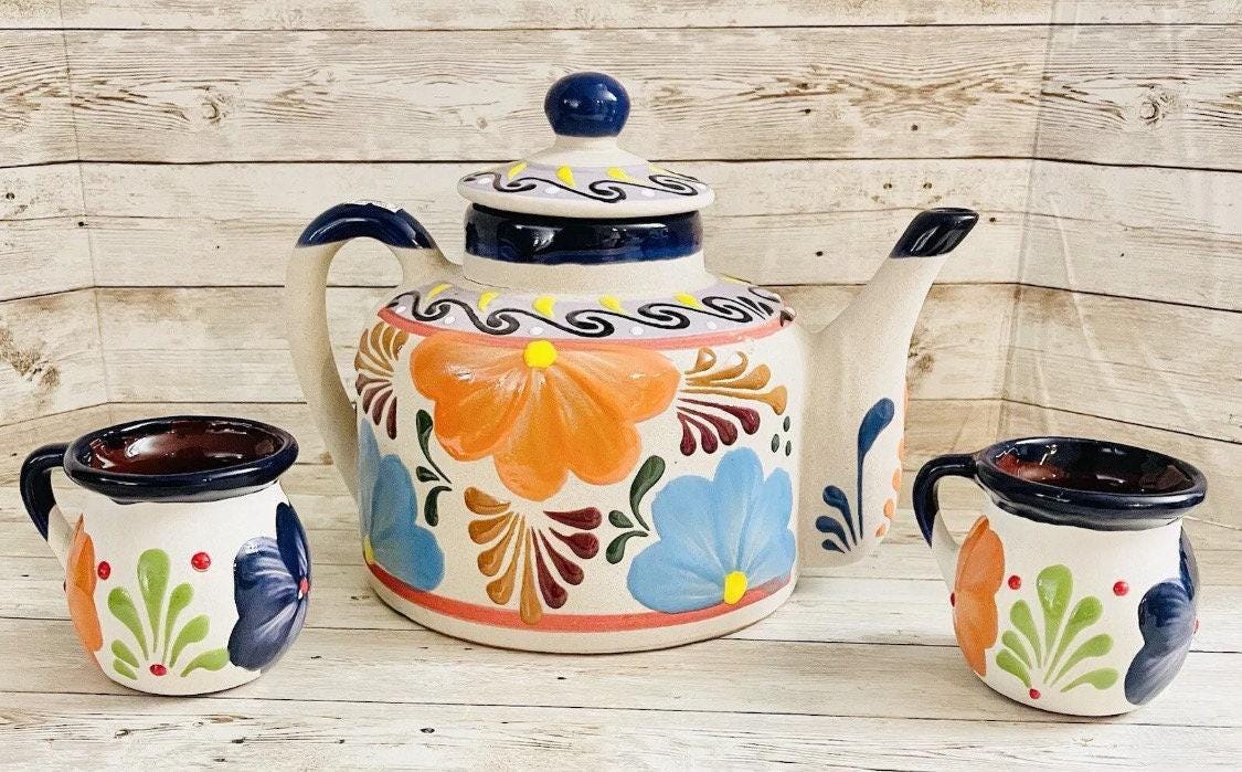 Terra Cotta Mexican Art Pottery CoffeeTea Pot with 2 Mugs Jarra Lechera Cafetera Artesanal Mexicana Engove con 2 Tazas