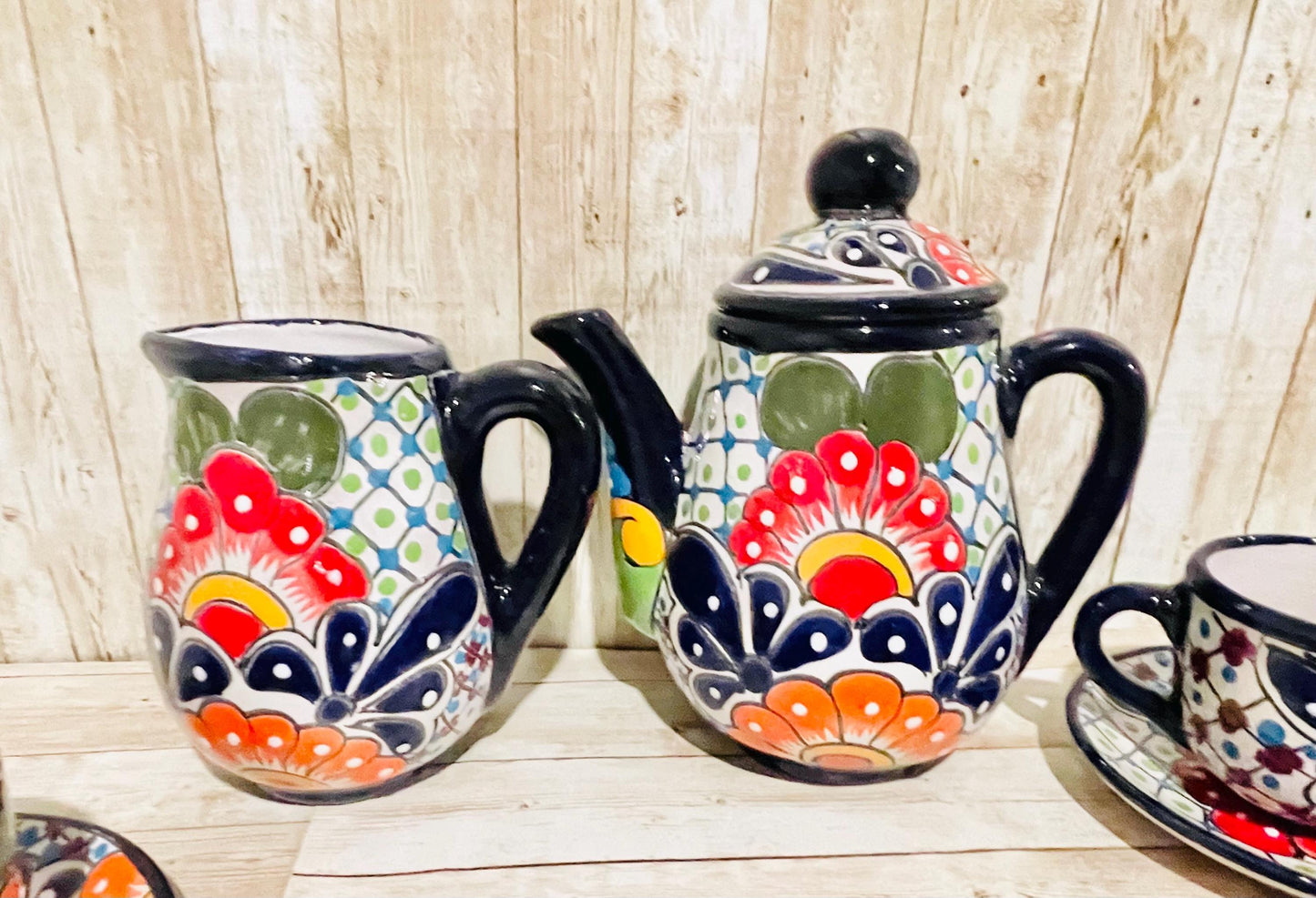 Mexican Talavera Tea Coffee Set Drinkware With 6 Mugs Sugar Bowl Talavera Mexicana de Cafe/Te con Tazas Platos Azucarera y Tetera