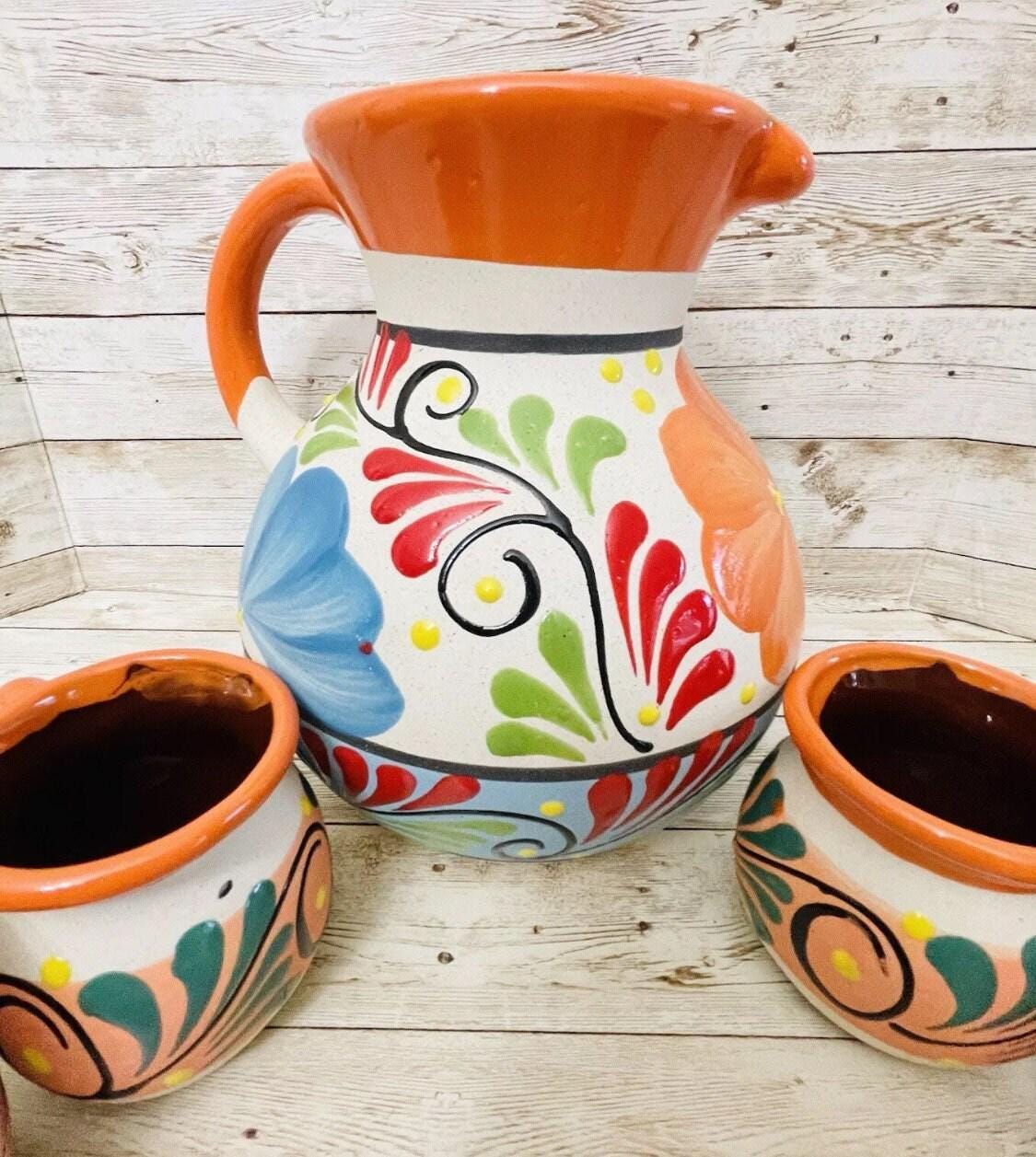 Terra Cotta Mexican Art Pottery Pitcher With 6 Cups Jarra Artesanal Mexicana