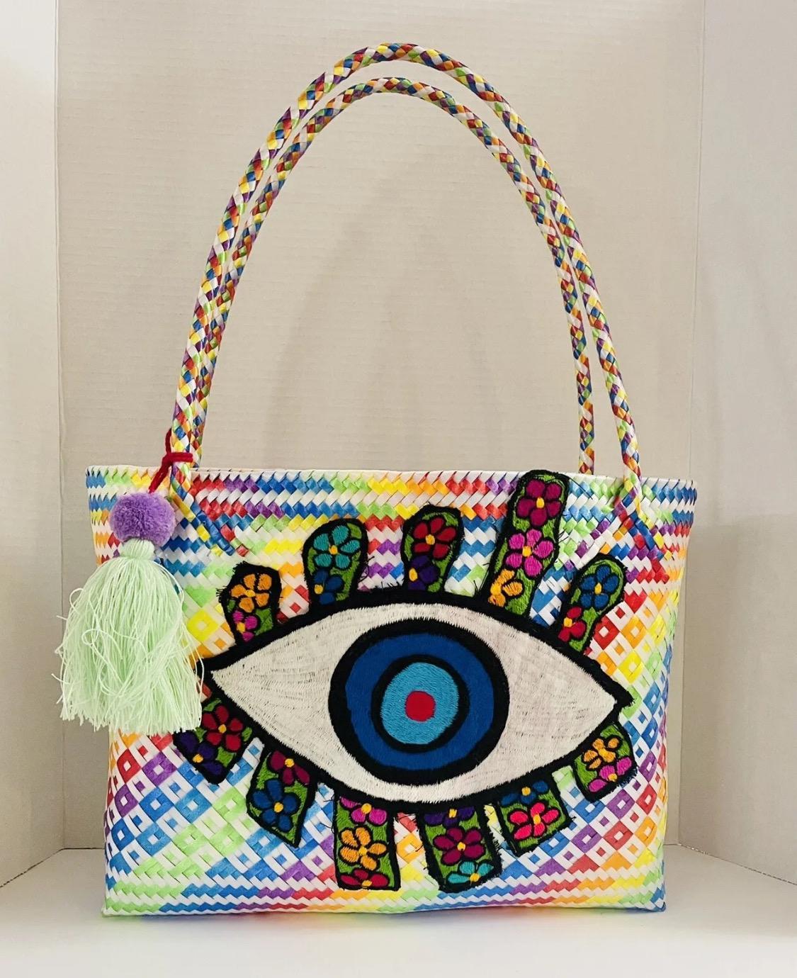 Hamsa Evil Eye Hand Woven Plastic Tote Bolsa Mexicana Artesenal Hamsa Mal De Ojo