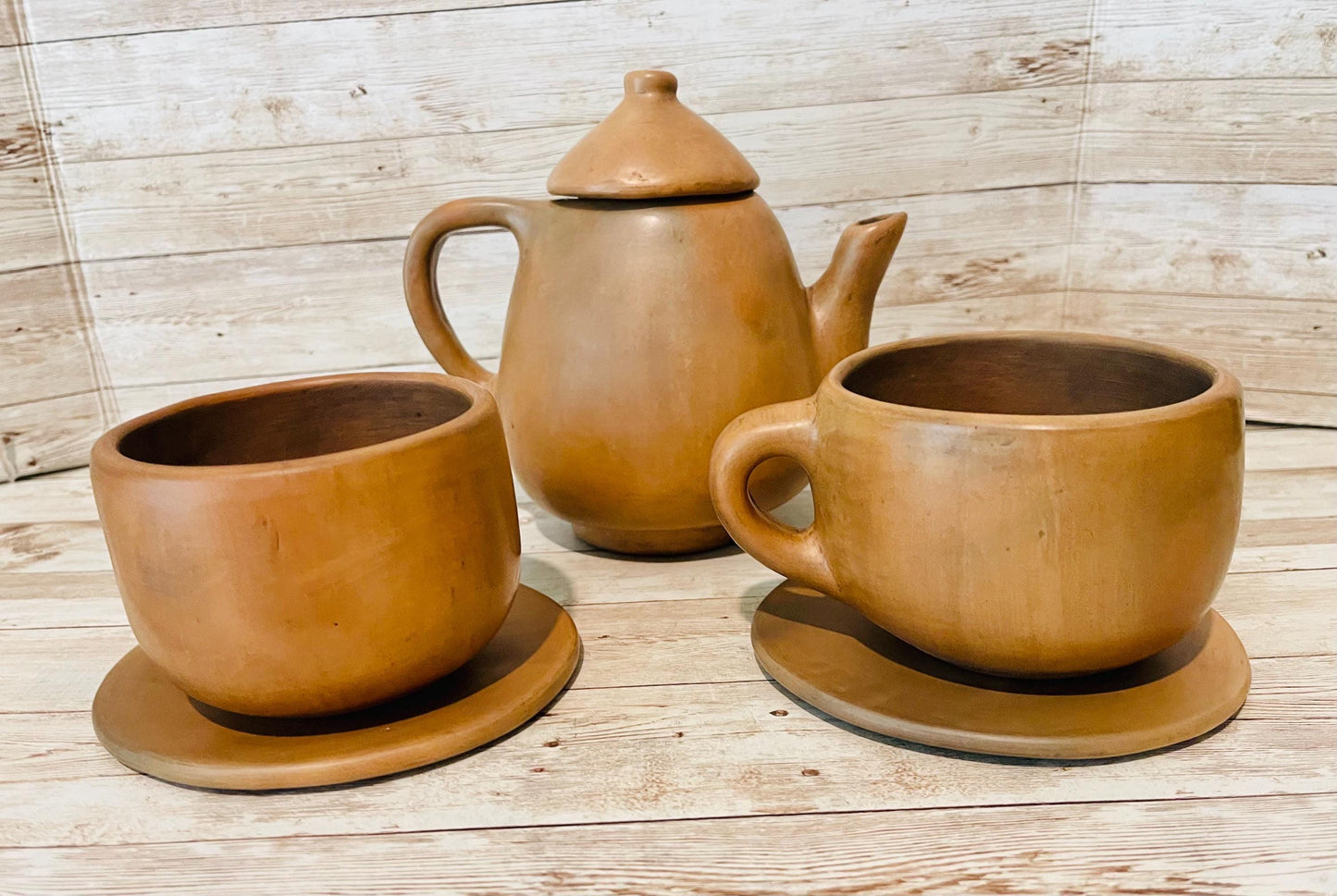 Brown Oaxacan Mexican Clay Coffee Tea Pot Set with 2 Cups & Plates Tetera Artesanal de Barro Cafe de Oaxaca Artesanal con 2 Tazas y 2 Platos