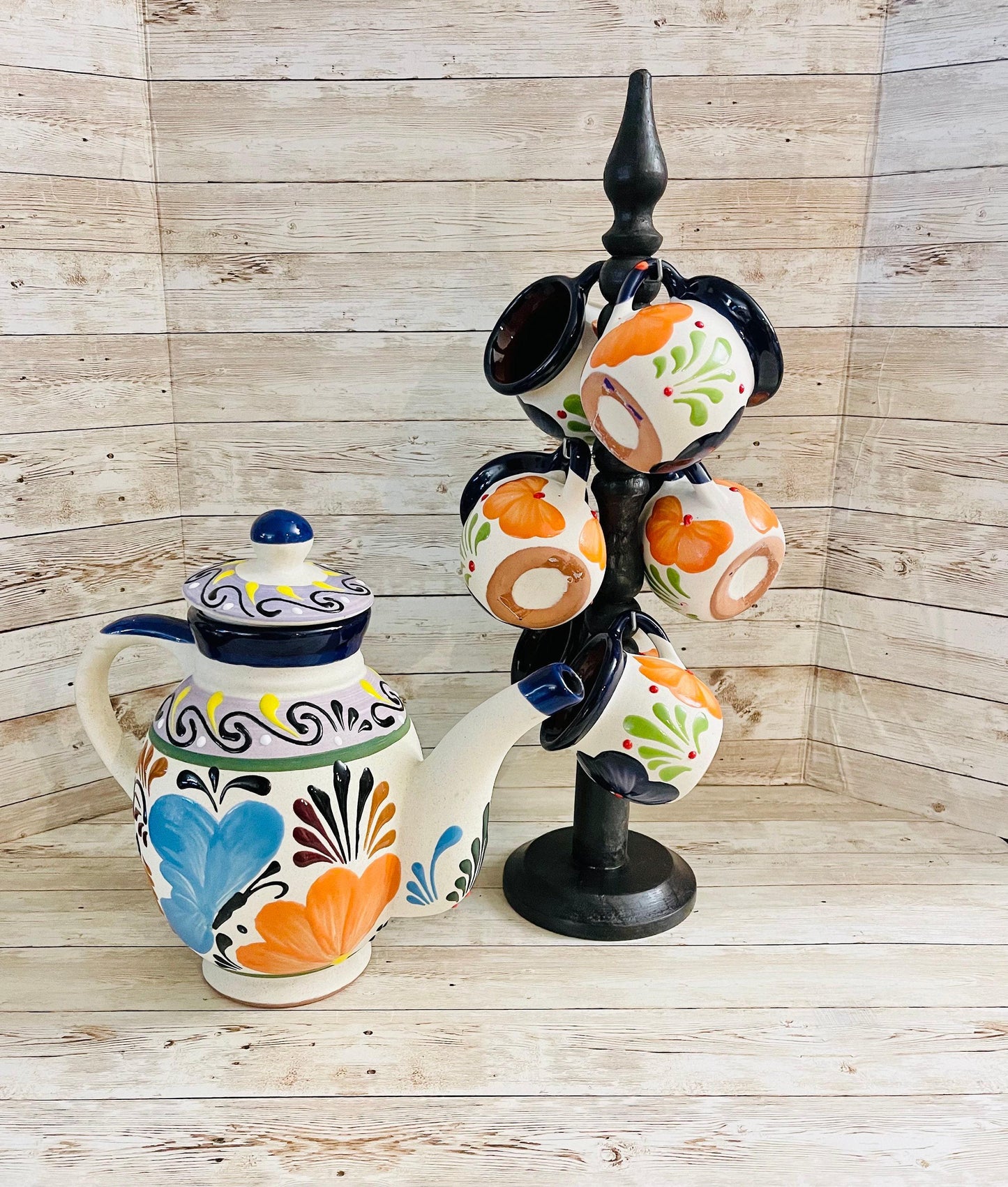 Terra Cotta Mexican Art Pottery CoffeeTea Pot with 6 Mugs and Mug Tree Jarra Lechera Cafetera Artesanal Mexicana Engove con 6 Tazas y Torre