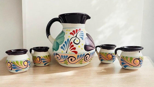 Terra Cotta Mexican Art Pottery Pitcher With 6 Cups Jarra Artesanal Mexicana