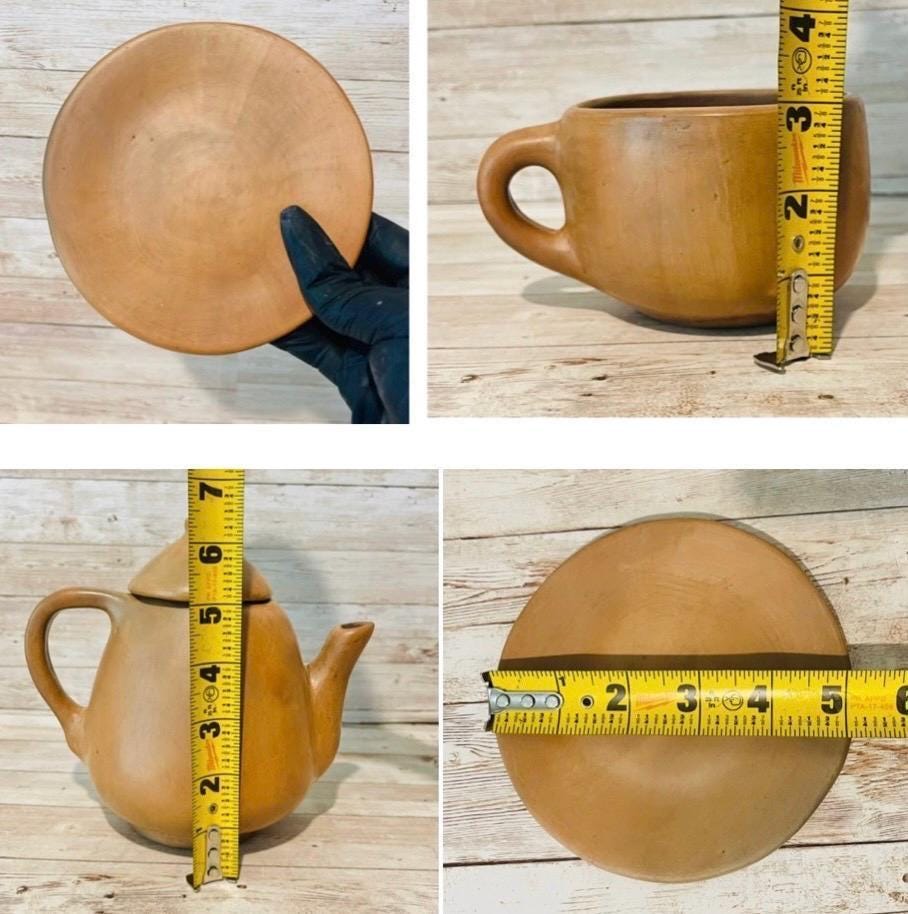 Brown Oaxacan Mexican Clay Coffee Tea Pot Set with 2 Cups & Plates Tetera Artesanal de Barro Cafe de Oaxaca Artesanal con 2 Tazas y 2 Platos
