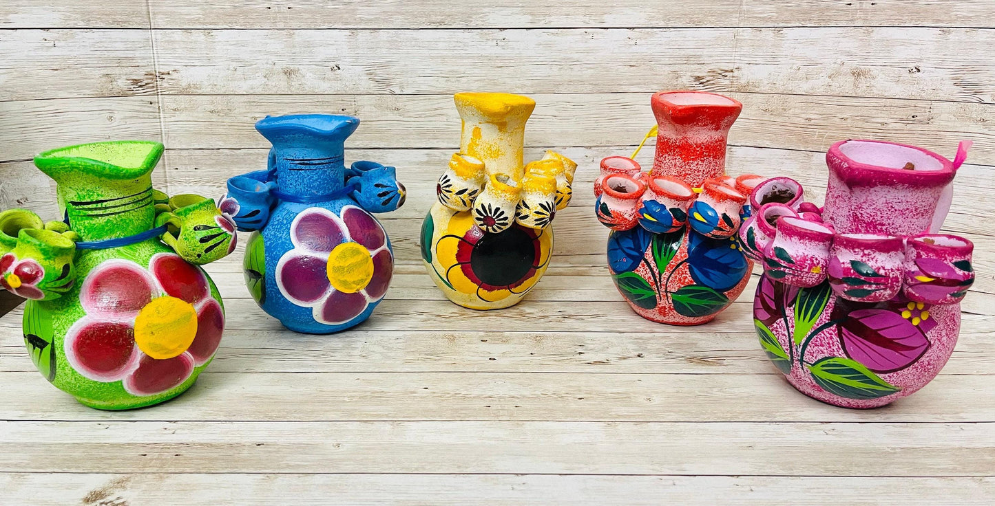 Terra Cotta Mexican Art Pottery Tequilero With 5 Mini Jarritos Licorera Artesanal Mexicana con 5 Mini Jarritos