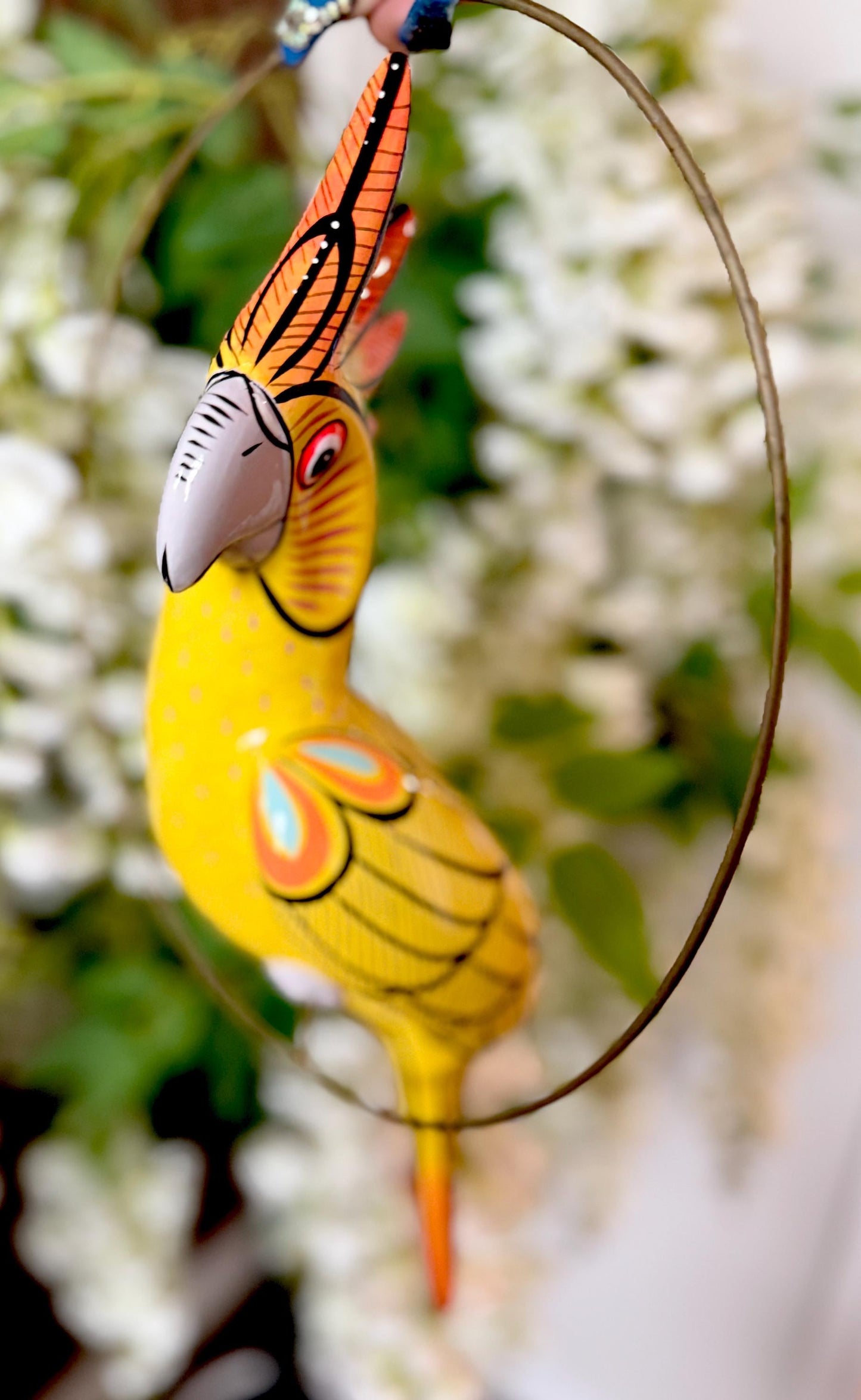 Hanging Exotic Bird in Ring Mexican Pottery Ceramic Pajaro De Cerámica