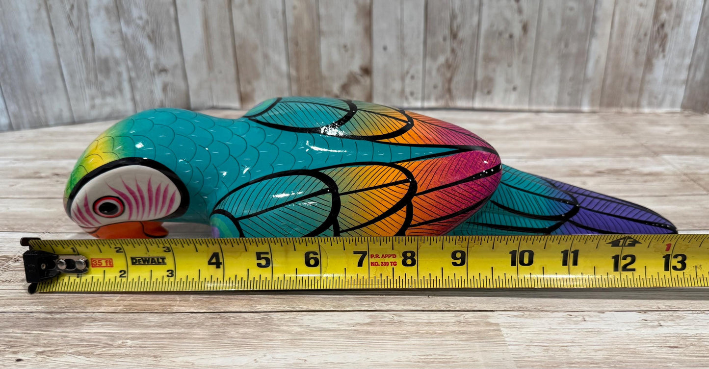 Mexican Exotic Ceramic Bird on a Perch Pajaro Mexicano de Ceramic en Aro