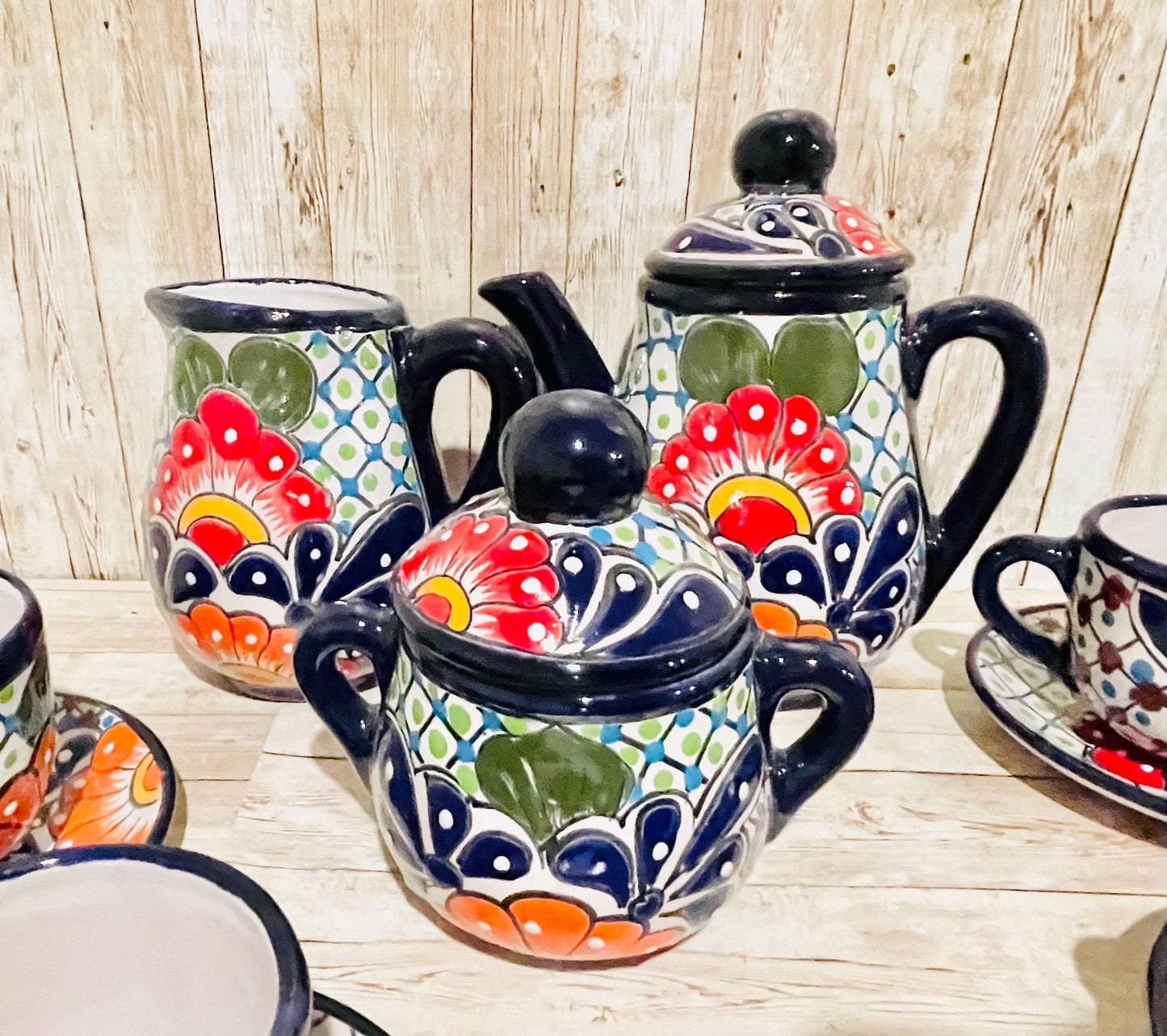 Mexican Talavera Tea Coffee Set Drinkware With 6 Mugs Sugar Bowl Talavera Mexicana de Cafe/Te con Tazas Platos Azucarera y Tetera