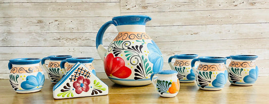 Terra Cotta Mexican Art Pottery Pitcher With 6 Cups Napkin Holder and Salt Shaker Jarra Artesanal Mexicana