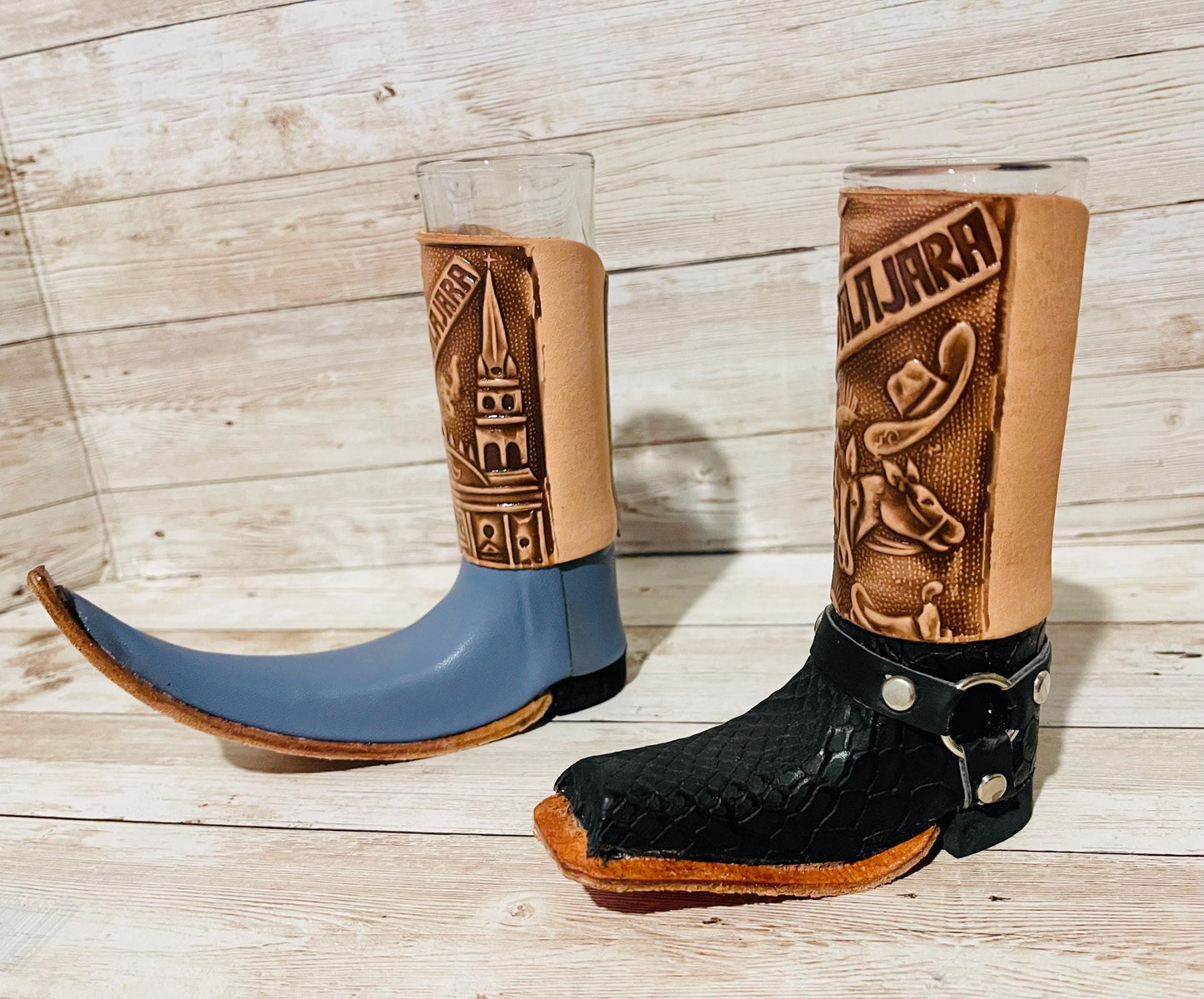 2x Mexican Leather Boot Shot Glasses 2x Vasos Tequileros de Bota con Piel