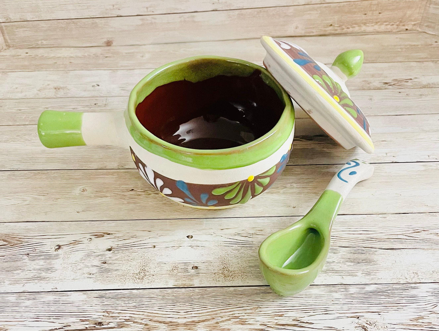 Terra Cotta Mexican Art Pottery Salsa/Sugar Pot with Spoon Azucarera/Salsera Mexicana Engove con Cuchara