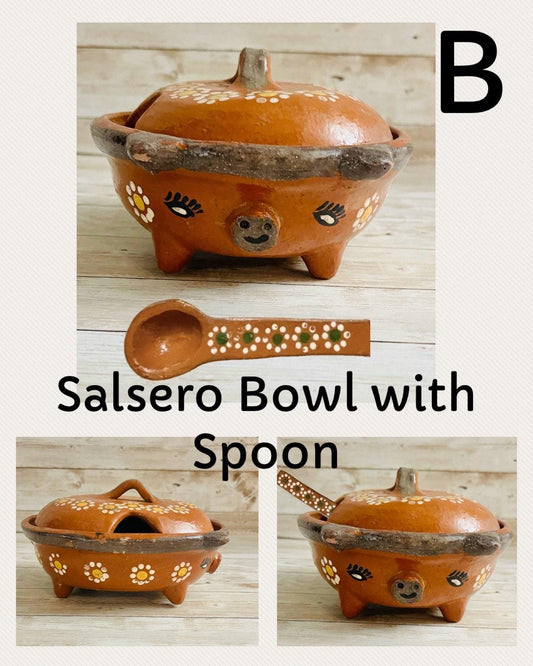 Terra Cotta Mexican Pottery Salsa Pig Bowl with or Without Spoon Salsero de Barro Mexicano con oh sin Cuchara de Barro