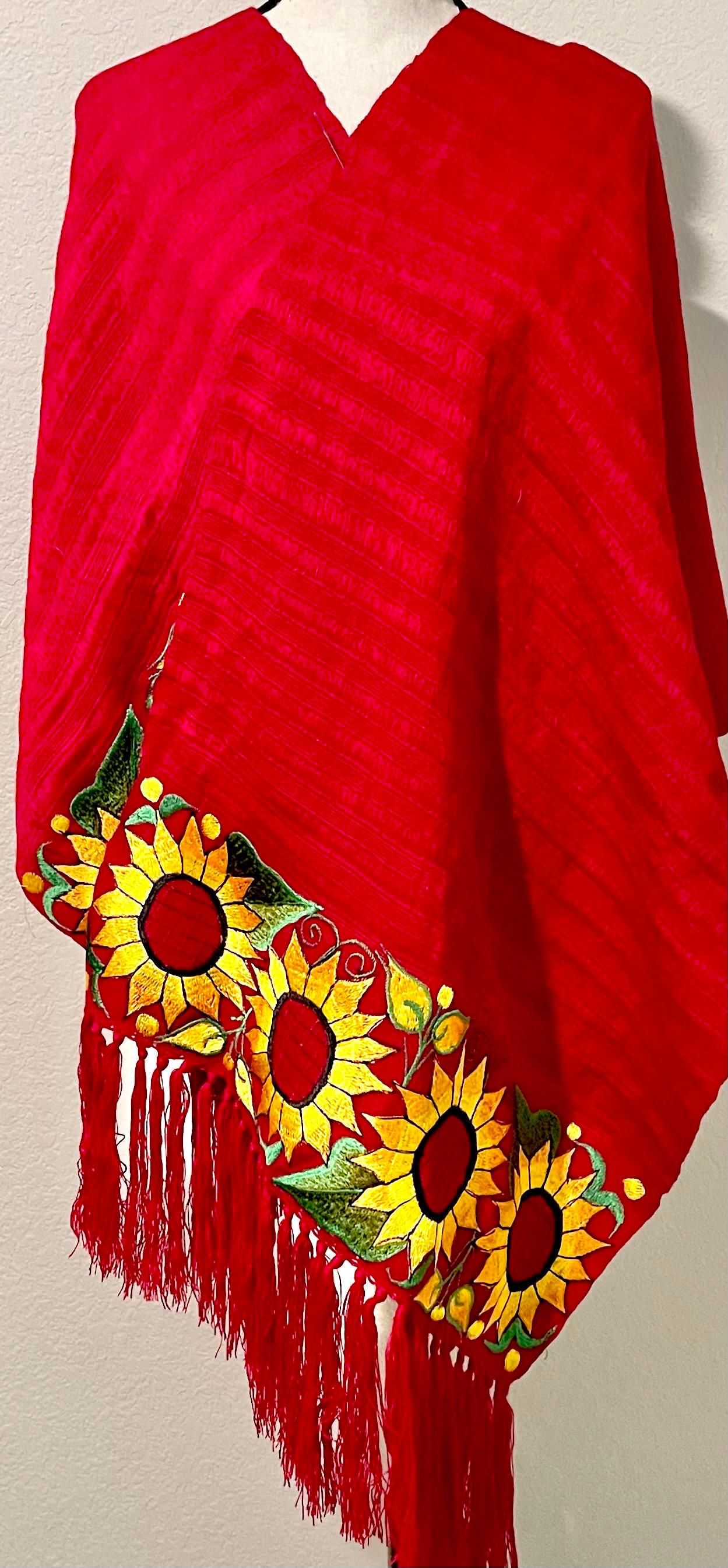 Mexican Sunflower Embroidered Handmade Shawl Reboso Bordado Mexicano de Girasoles