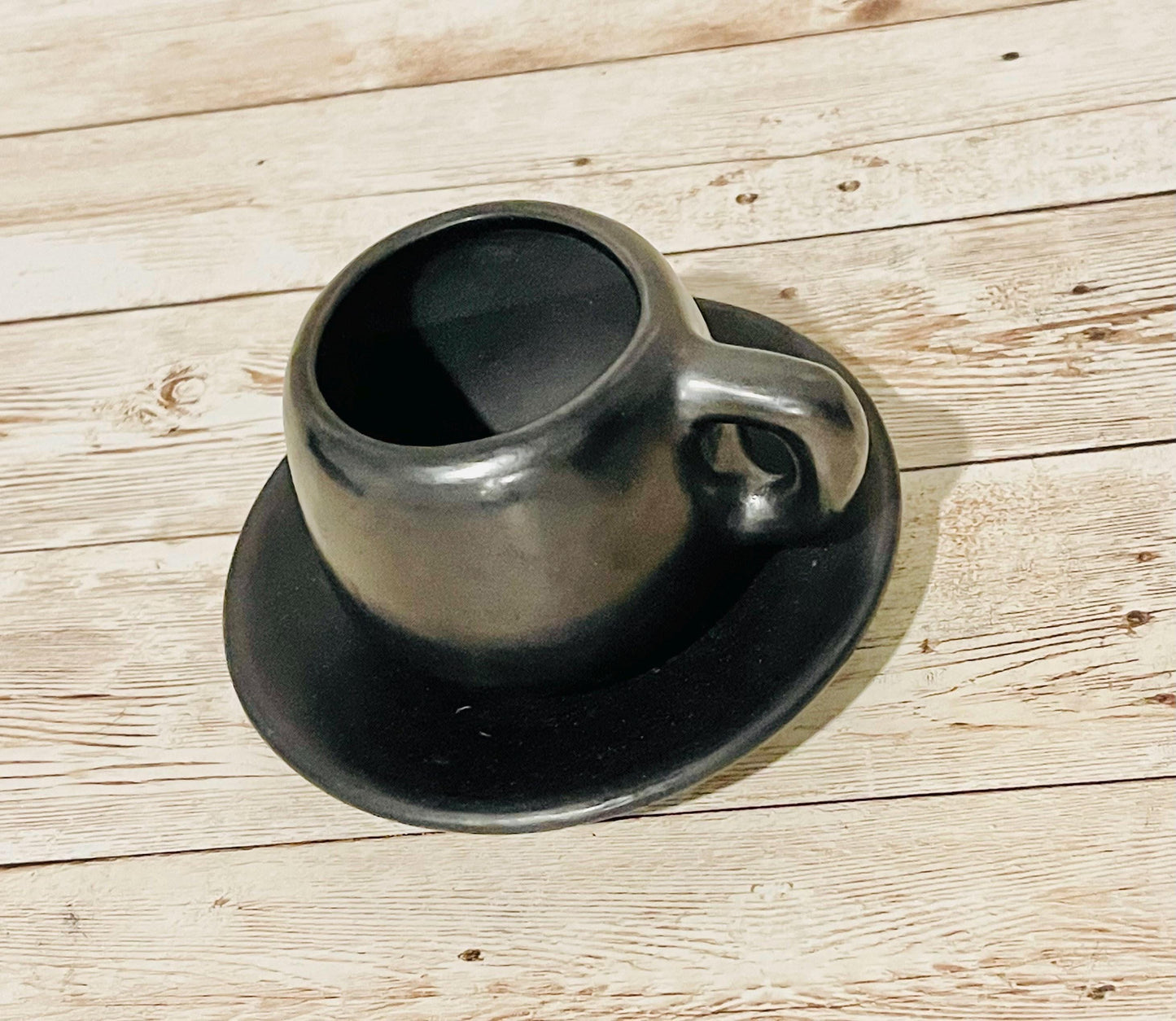 1x Black Oaxaca Mexican Clay Capuccino Expresso Coffee Tea Mug with Plate 1 Taza de Barro Negro Artesanal Mexicano con Plato Barro de Oaxaca