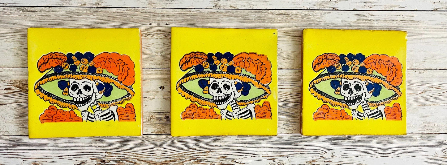 3x Mexican Day of the Dead Sugar Skull Tiles Coasters 3 Azulejos oh Portavasos De Catrinas Dia de Muertos