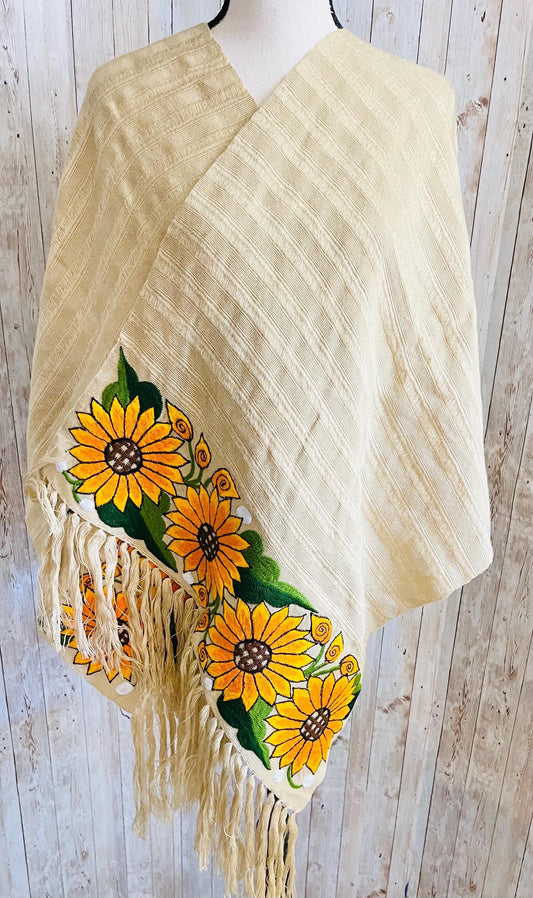 Mexican Sunflower Embroidered Handmade Shawl Reboso Bordado Mexicano de Girasoles