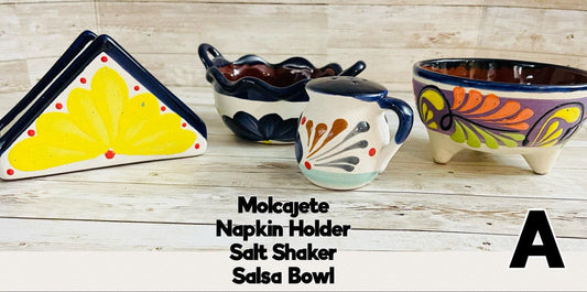 Terra Cota Mexican Molcajete Salt Shaker Napkin Holder & Salsa Bowl 4 Piece Set