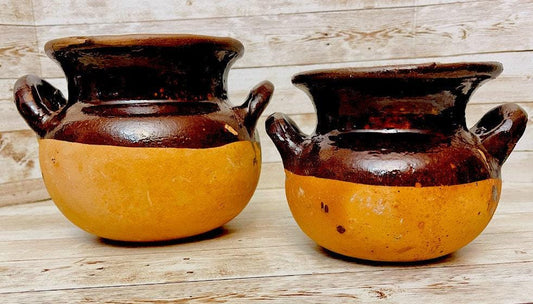2x Olla de Barro Vidriado Chocolatera oh Frijolera 2x Terra Cota Bean Hot Chocolote Pots 6 & 5 Inches Tall