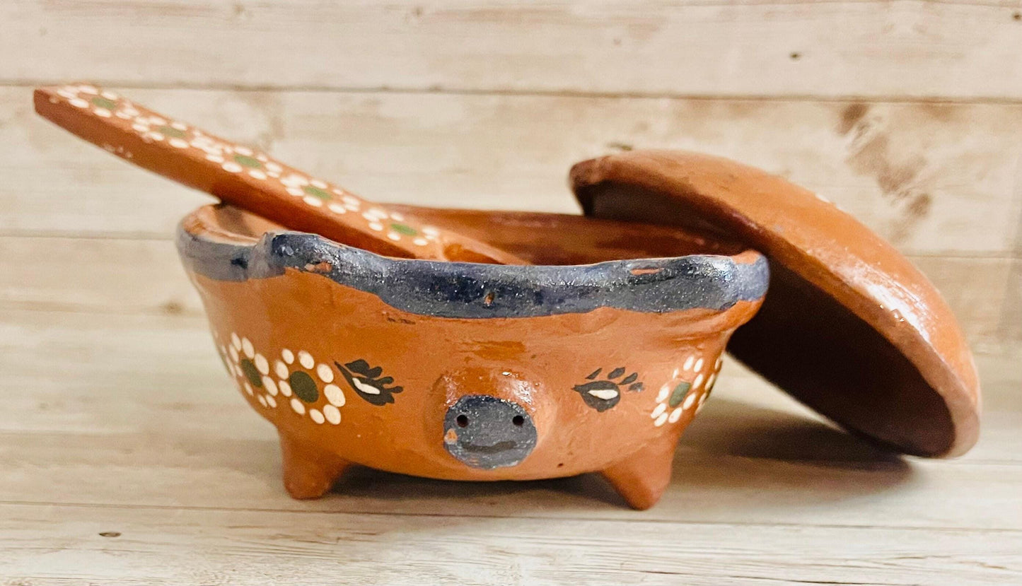 Terra Cotta Mexican Pottery Salsa Pig Bowl with Spoon Salsera de Barro Mexicana de Marranito con Cuchara