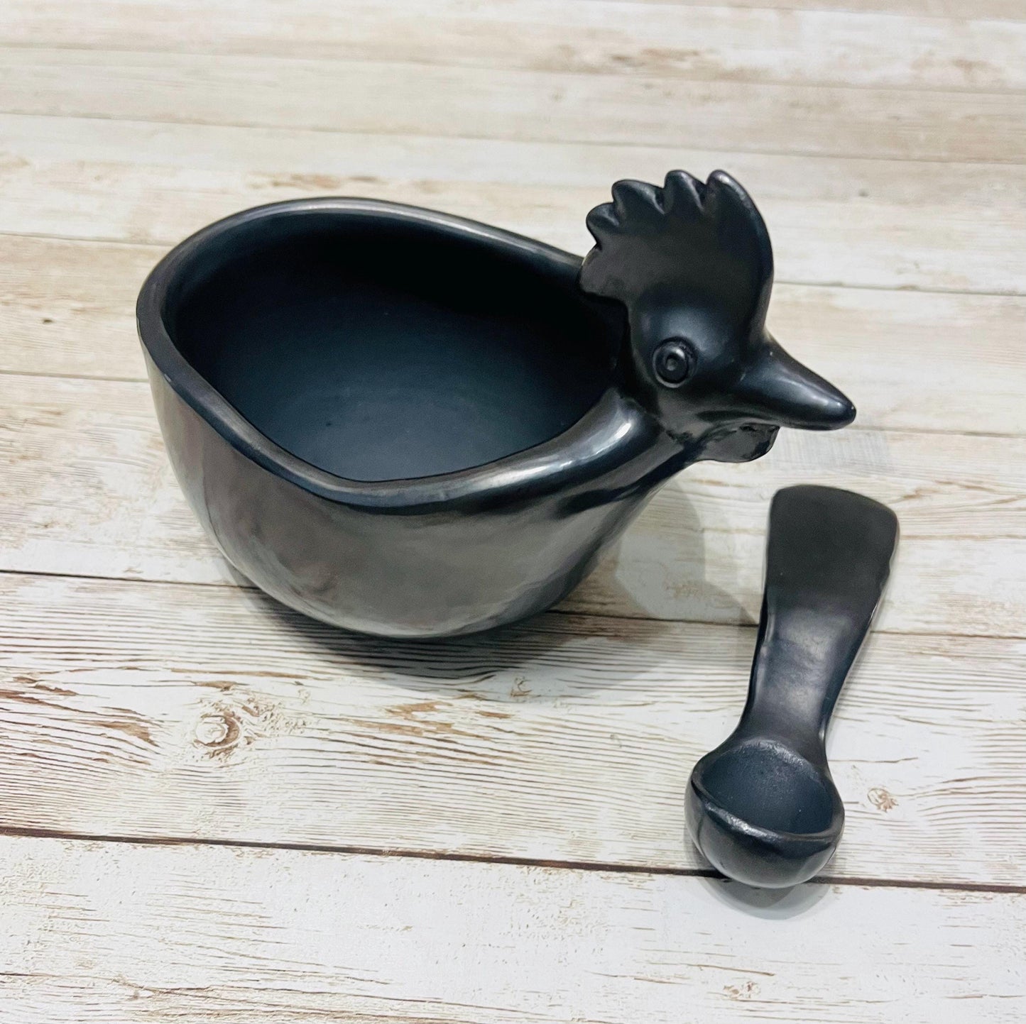 Black Oaxacan Mexican Clay Art Pottery Salsa Bowl with Spoon Salsero con Cuchara de Barro Negro Artesanal Hecho en Oaxaca