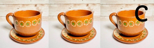 Terra Cotta Mexican Art Pottery CoffeeTea Mugs with Plates Tazas de Barro Artesanales Mexicana con Plato