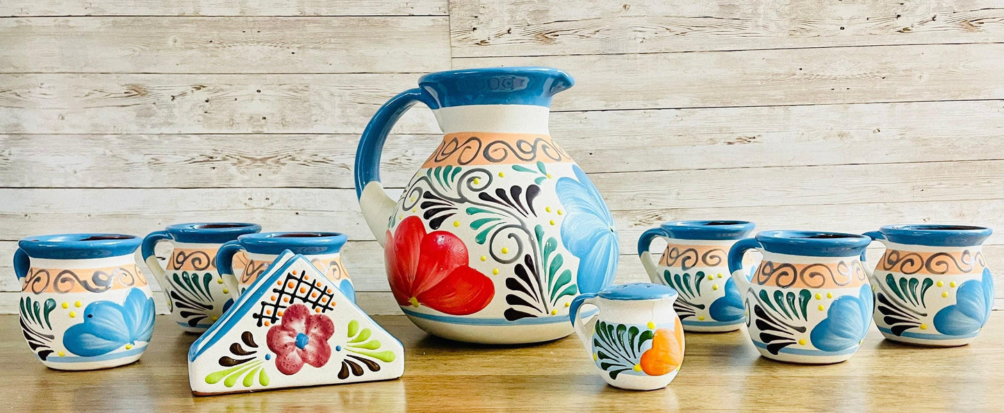 Terra Cotta Mexican Art Pottery Pitcher With 6 Cups Napkin Holder and Salt Shaker Jarra Artesanal Mexicana