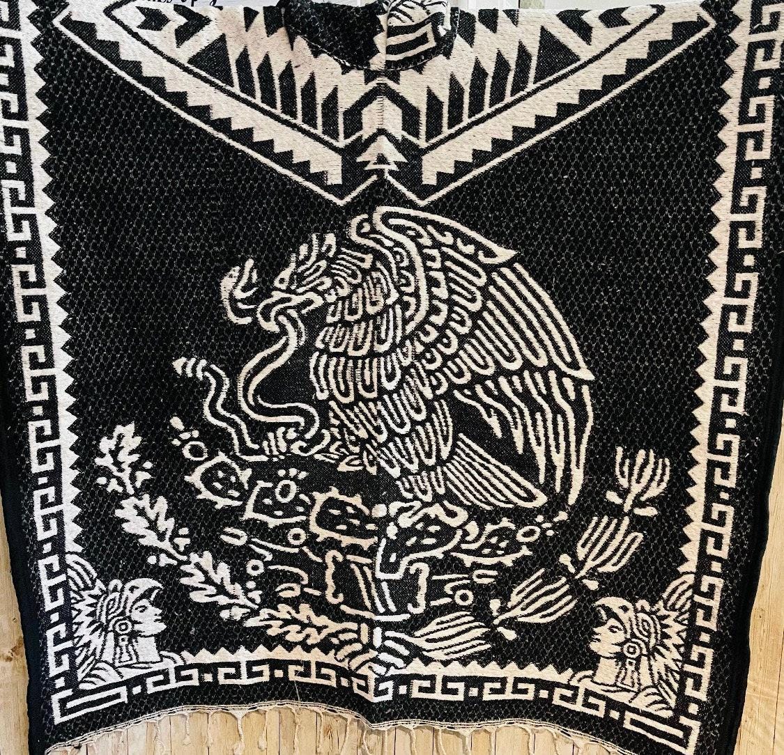 Poncho Azteca con Guerrero y Escudo Nacional Double Sided Aztec Calendar Poncho