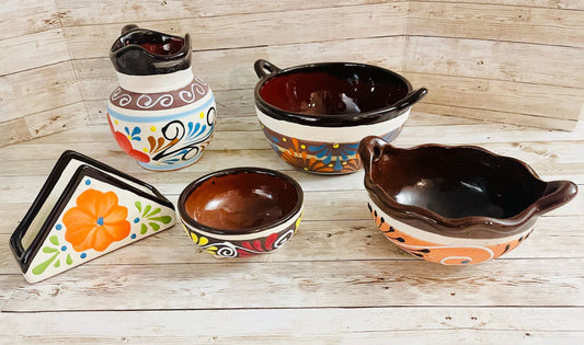 Terra Cota Napkin Holder, Salsa & Dish Bow, Molcajete Pitcher Set de Barro Lechera, Servilletero, Molcajete y 2 Platos