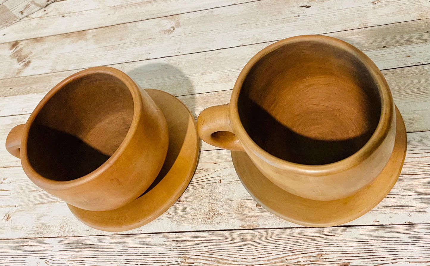 Brown Oaxacan Mexican Clay Cups Set with 2 Cups & 2 Plates 2 Tazas de Barro Cafe Artesanal de de Oaxaca Artesanales con 2 Platos