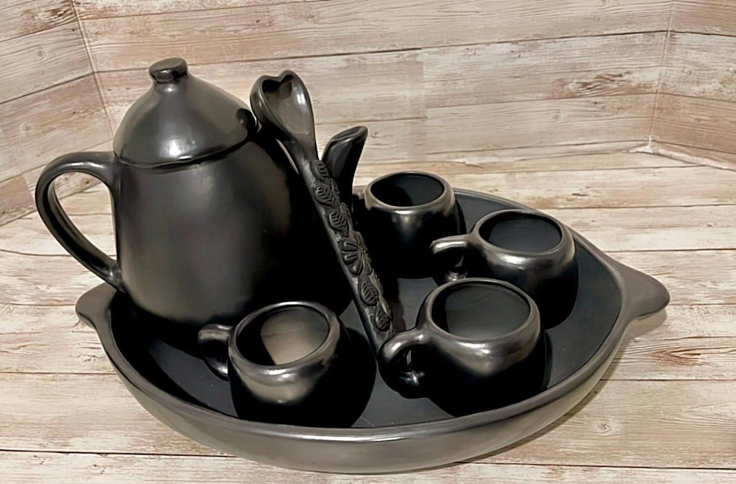 Black Oaxacan Mexican Clay Coffee Tea Pot Set with Cups Spoon & Holding Plate Tetera Artesanal de Barro Negro Artesanal Tazas y Plato Oaxaca