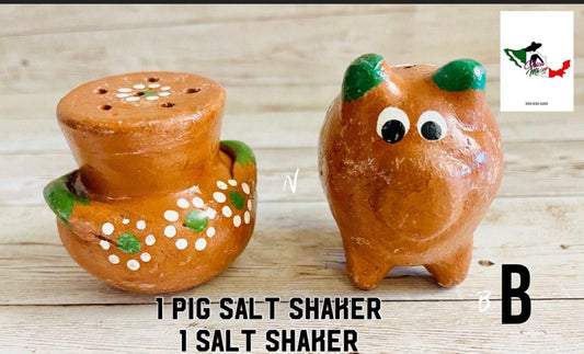 Terra Cotta Mexican Pottery Salsa Pig Bowl with Spoon and Salt Shaker Salsera de Barro Mexicana de Marranito con Cuchara y Salero