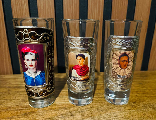 3x Frida Kahlo Mexican Glass Shot Cups Vasos Tequileros De Vidrio de Frida Kahlo Set De 3x