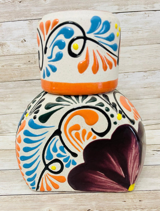 Terra Cotta Mexican Art Water Jug with Cup Garrafon de Barron Artesanal Mexicana con Vaso