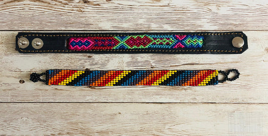 2x CHAQUIRA Huichol Mexican Bracelet & Leather Embroidered Bracelet Pulsera de Chaquira Huichol y Pulsera de Piel con Bordado