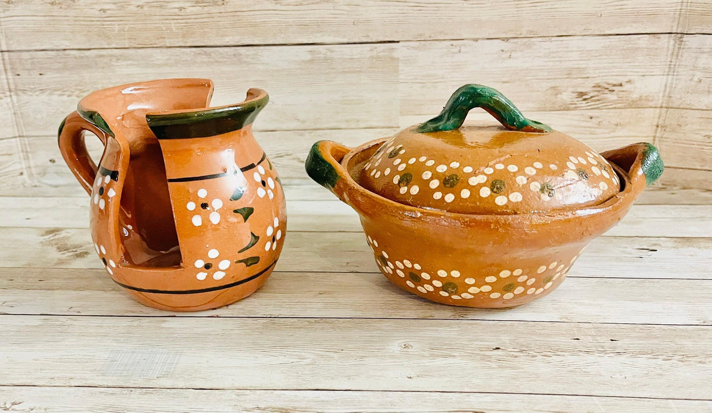 Servilletero y Cazuelita de Barro Mexicano Mexican Clay Napkin Holder and Casserole