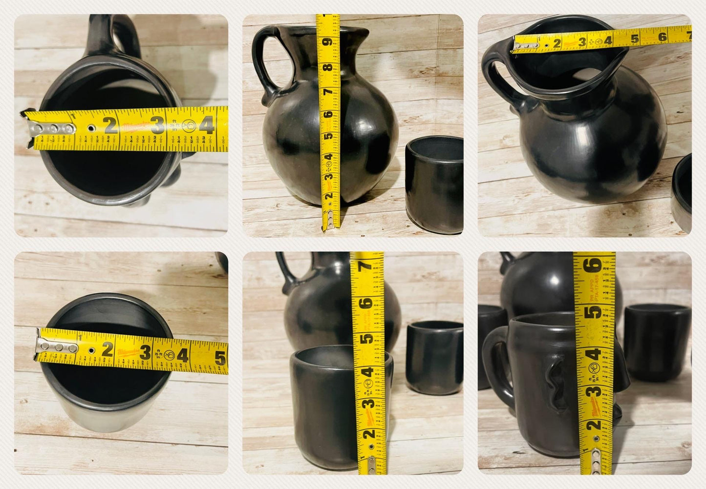 Black Oaxacan Mexican Clay Pottery Pitcher Set with 4 Cups Jarra Artesanal de Barro Negro de Oaxaca con 4 Tazas